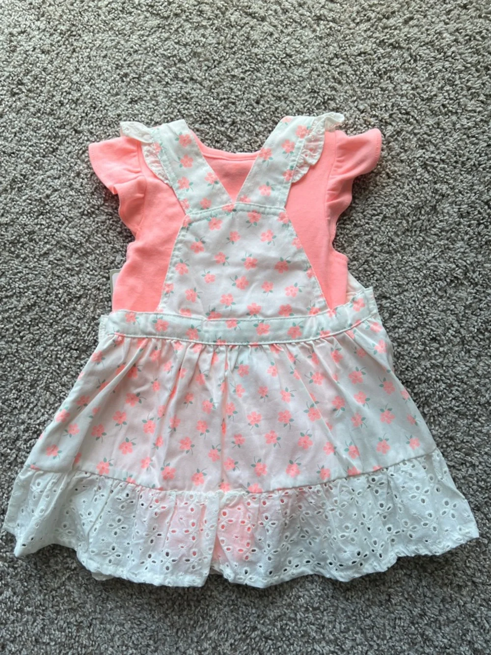 Little Lass Coral Pink Floral Pinafore Dress Set - Picture 2 of 4